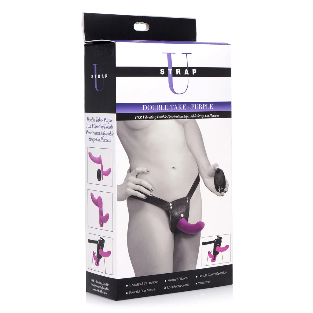 Double Take 10X Double Penetration Vibrating Strap-on Harness - Purple